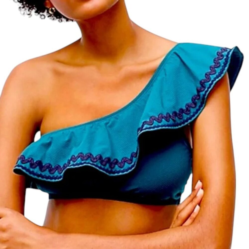 J. Crew Teal Blue Ric Rac Ruffle One Shoulder Swimsuit Top